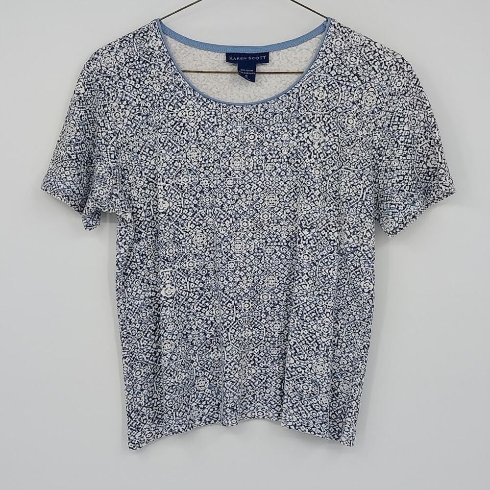 Karen Scott Blue White Geometric Print T-Shirt Top Women's Small 100% Cotton